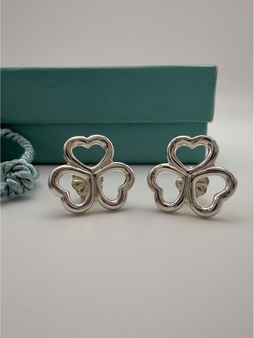 Authentic Rare Tiffany & Co Silver Triple Heart Clover Stud Earrings Box Pouch